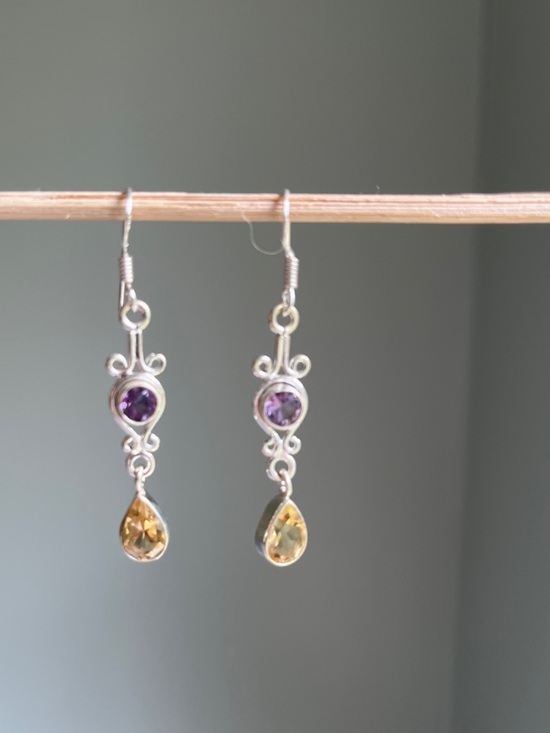 Jewelry - Sterling Silver Amethyst and Citrine Drop Earrings - Purple and Yellow